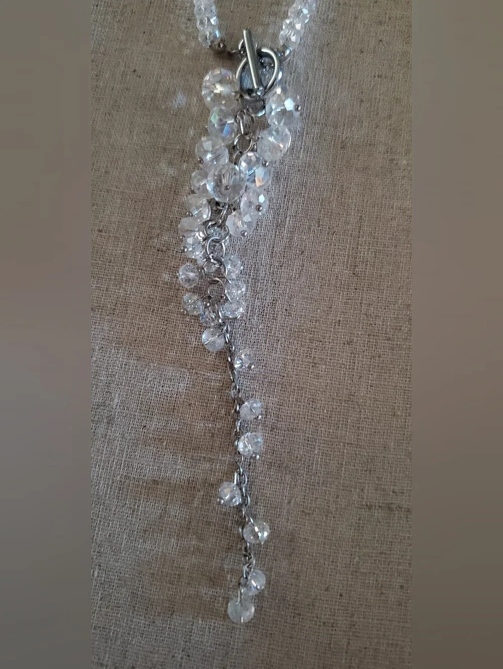 Long Clear Beaded Crystal Look Pendant Necklace Silver Tone Statement NWOT